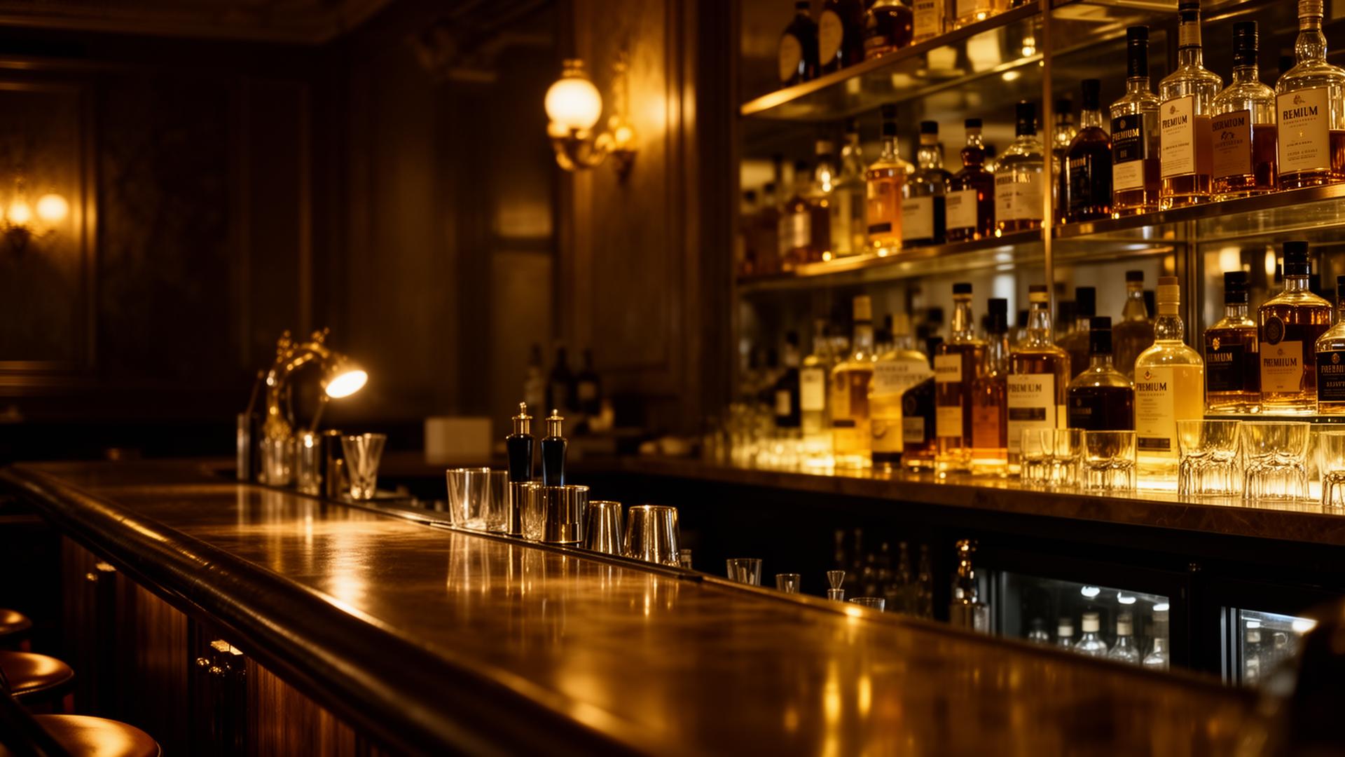 Ambiente do bar com prateleiras de bebidas e iluminação âmbar
